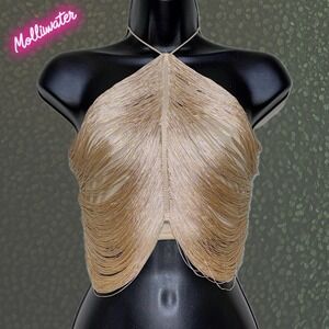 NWT Medium Beige Khaki Fringe Front Halter Top Sleeveless Crop Statement Blouse